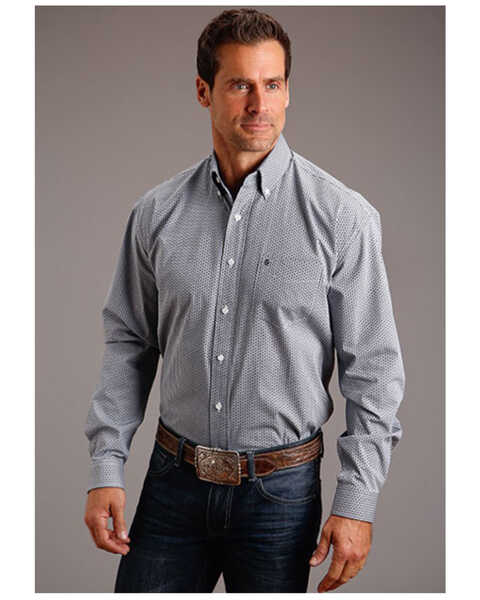 Image #1 - Stetson Men's Geo Print Long Sleeve Button Down Western Shirt, Dark Blue, hi-res