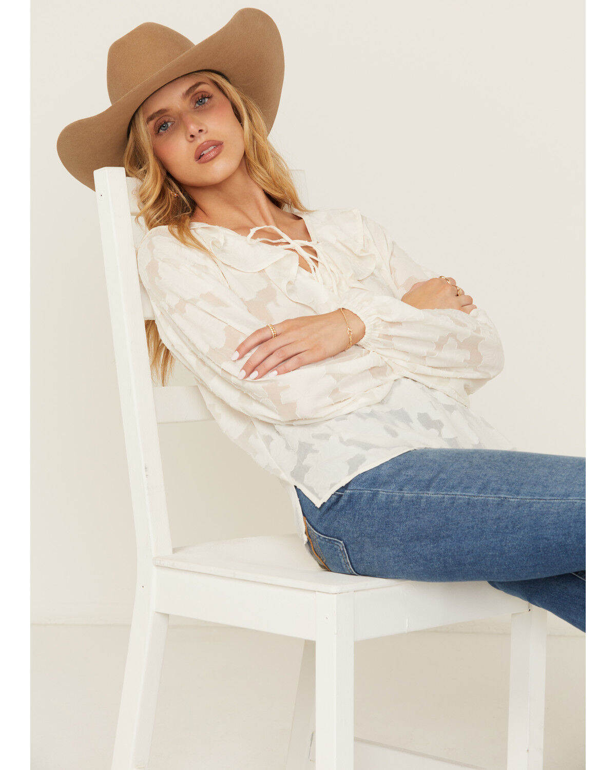 Image #1 - Shyanne Women's Floral Long Sleeve Ruffle Peasant Top, Off White, hi-res