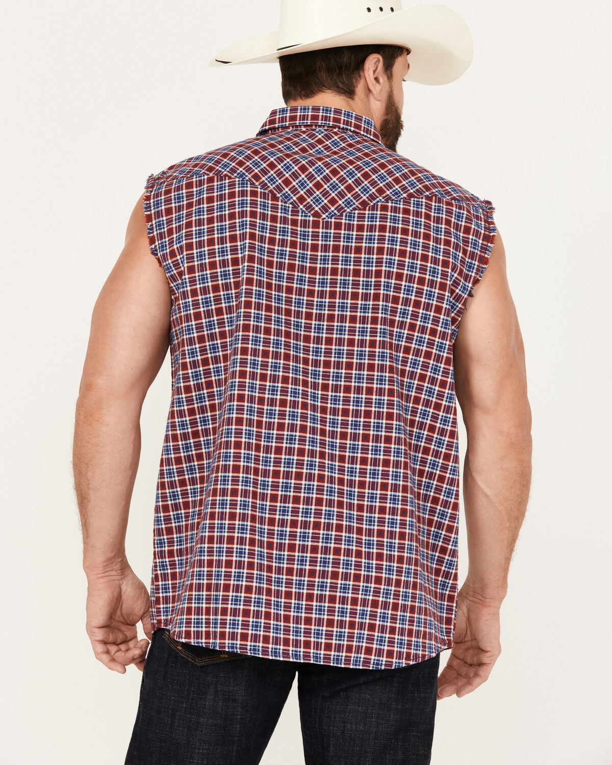 Image #4 - Cody James Men's Plaid Stars Bubba Sleeveless Western Shirt, Navy, hi-res