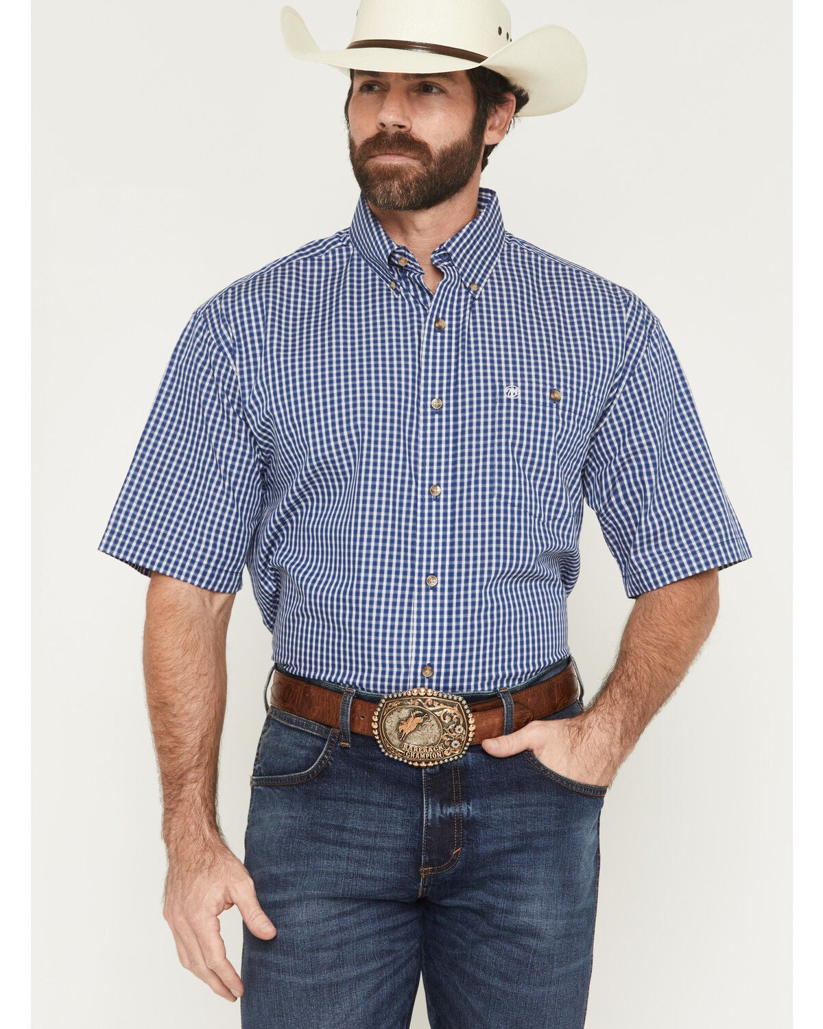 Image #1 - Wrangler Men's Classics Plaid Print Short Sleeve Button-Down Western Shirt, Blue, hi-res