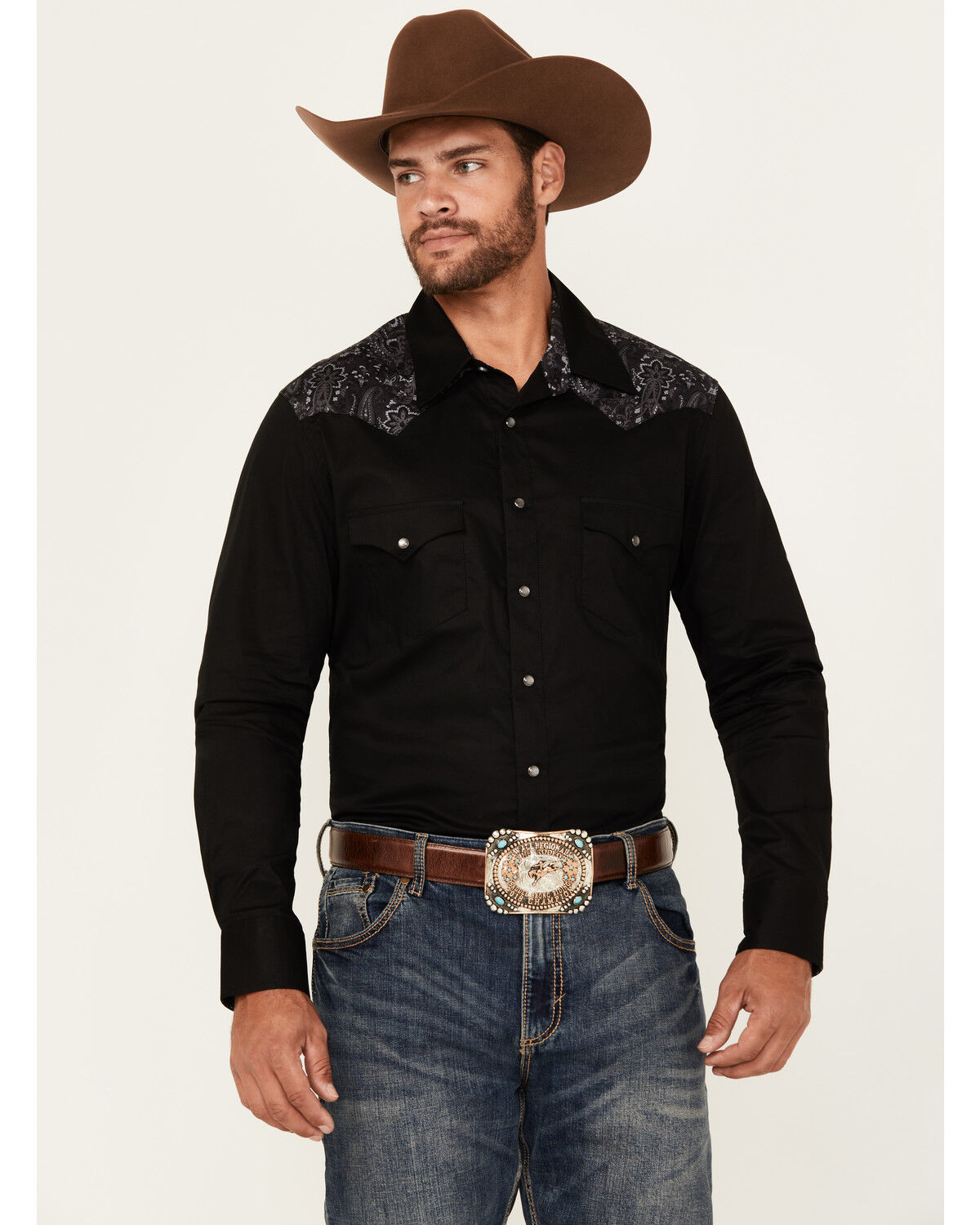 Image #1 - Rock & Roll Denim Men's Paisley Yoke Long Sleeve Pearl Snap Stretch Western Shirt, Black, hi-res