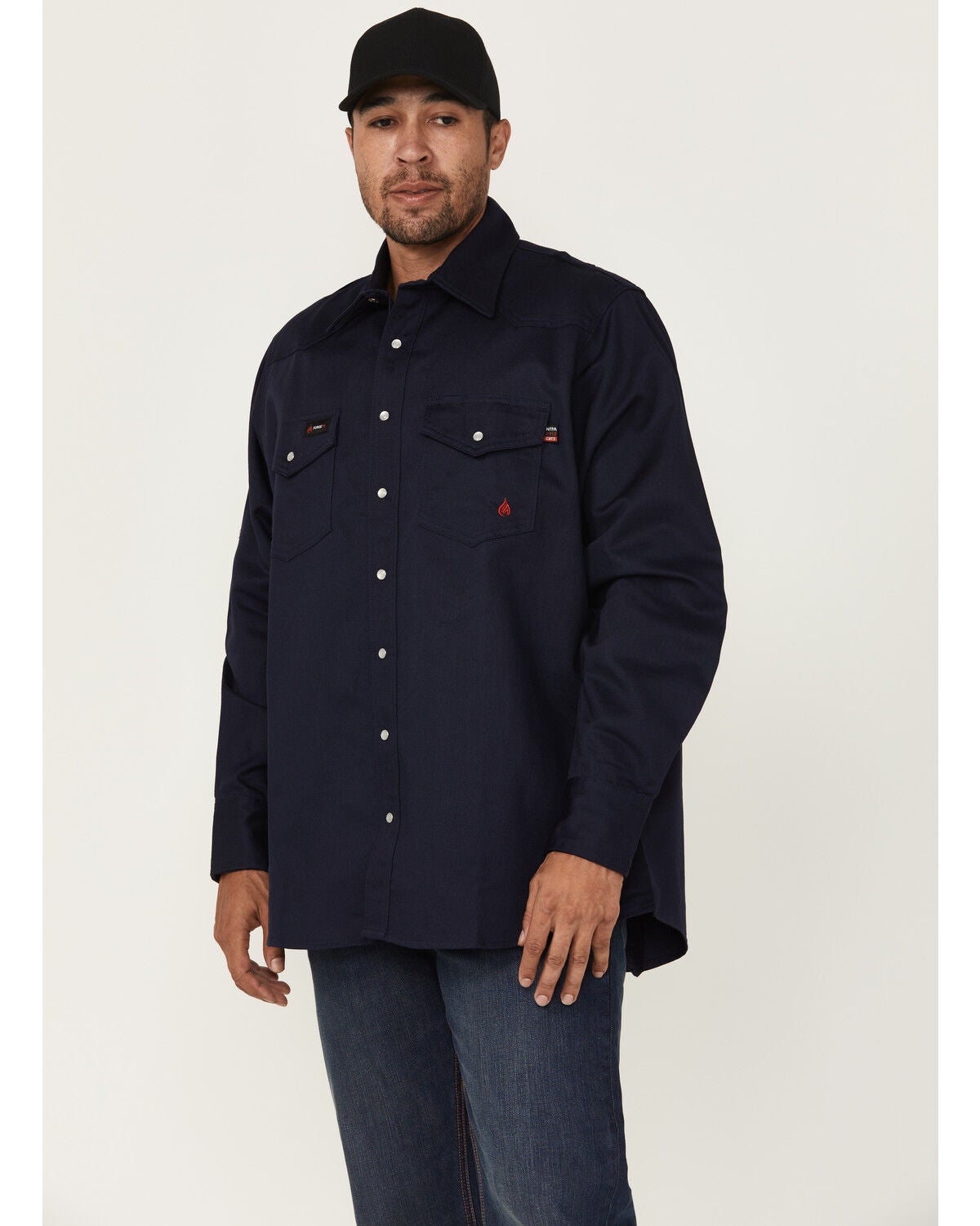 Forge Workwear Men's FR Solid Long Sleeve Snap Work Shirt, Navy, hi-res
