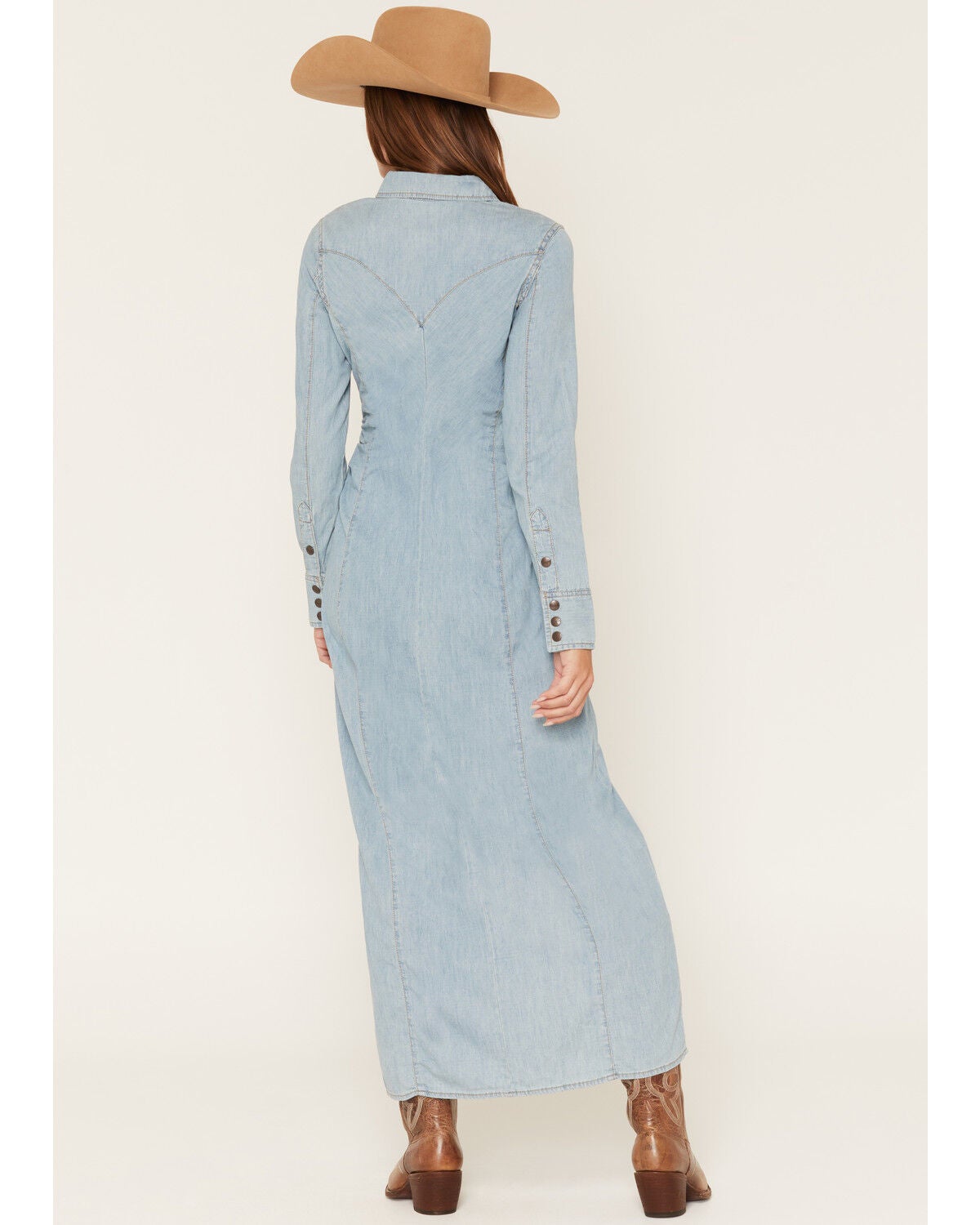 Image #4 - Wrangler Women's Light Wash Long Sleeve Cinched Waist Maxi Dress, Light Wash, hi-res