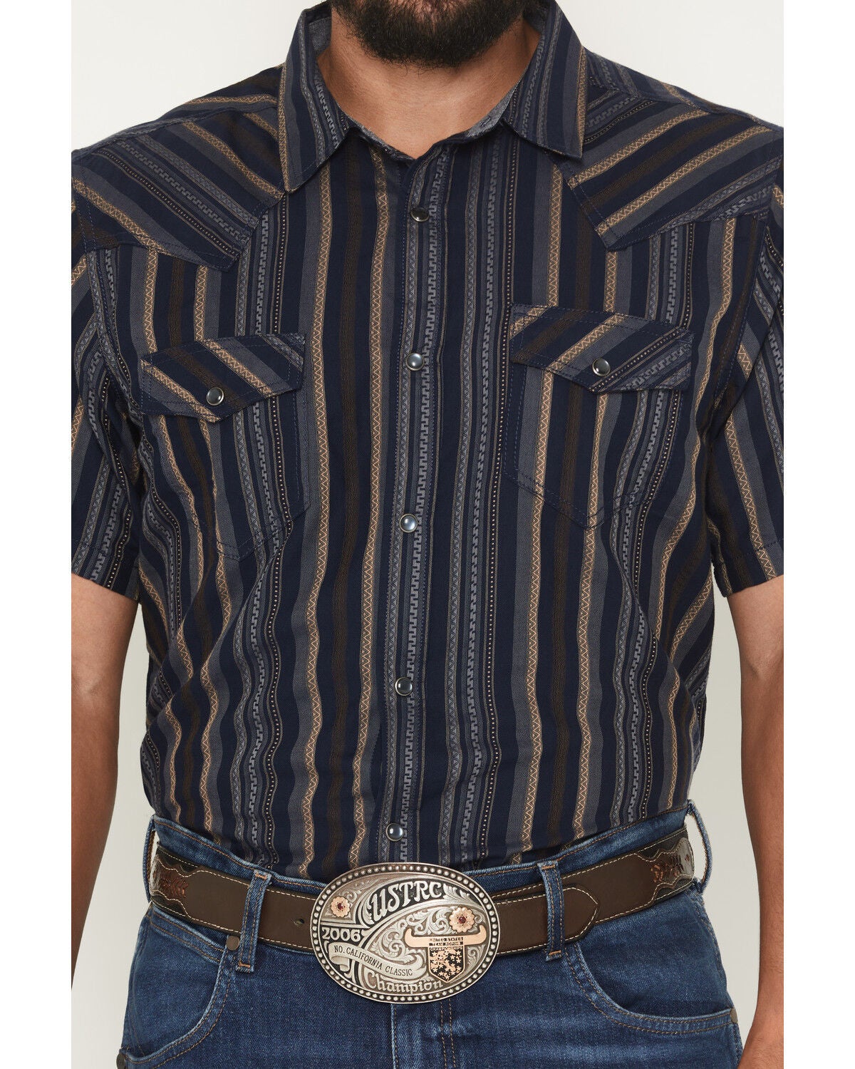 Image #3 - Cody James Men's Highland Rim Striped Print Short Sleeve Snap Western Shirt - Big, Navy, hi-res