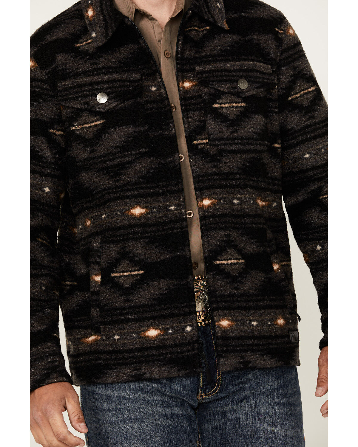 Image #3 - Powder River Outfitters Men's Southwestern Print Berber Zip Jacket, Black, hi-res