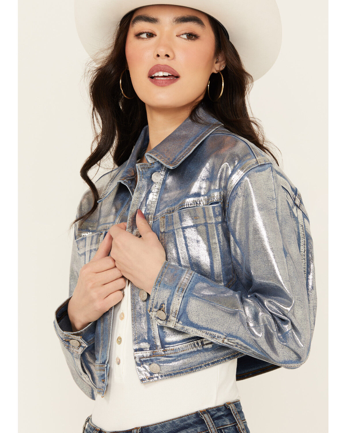 Image #1 - Vibrant Denim Women's Metallic Cropped Denim Jacket, Medium Wash, hi-res