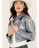Image #1 - Vibrant Denim Women's Metallic Cropped Denim Jacket, Medium Wash, hi-res