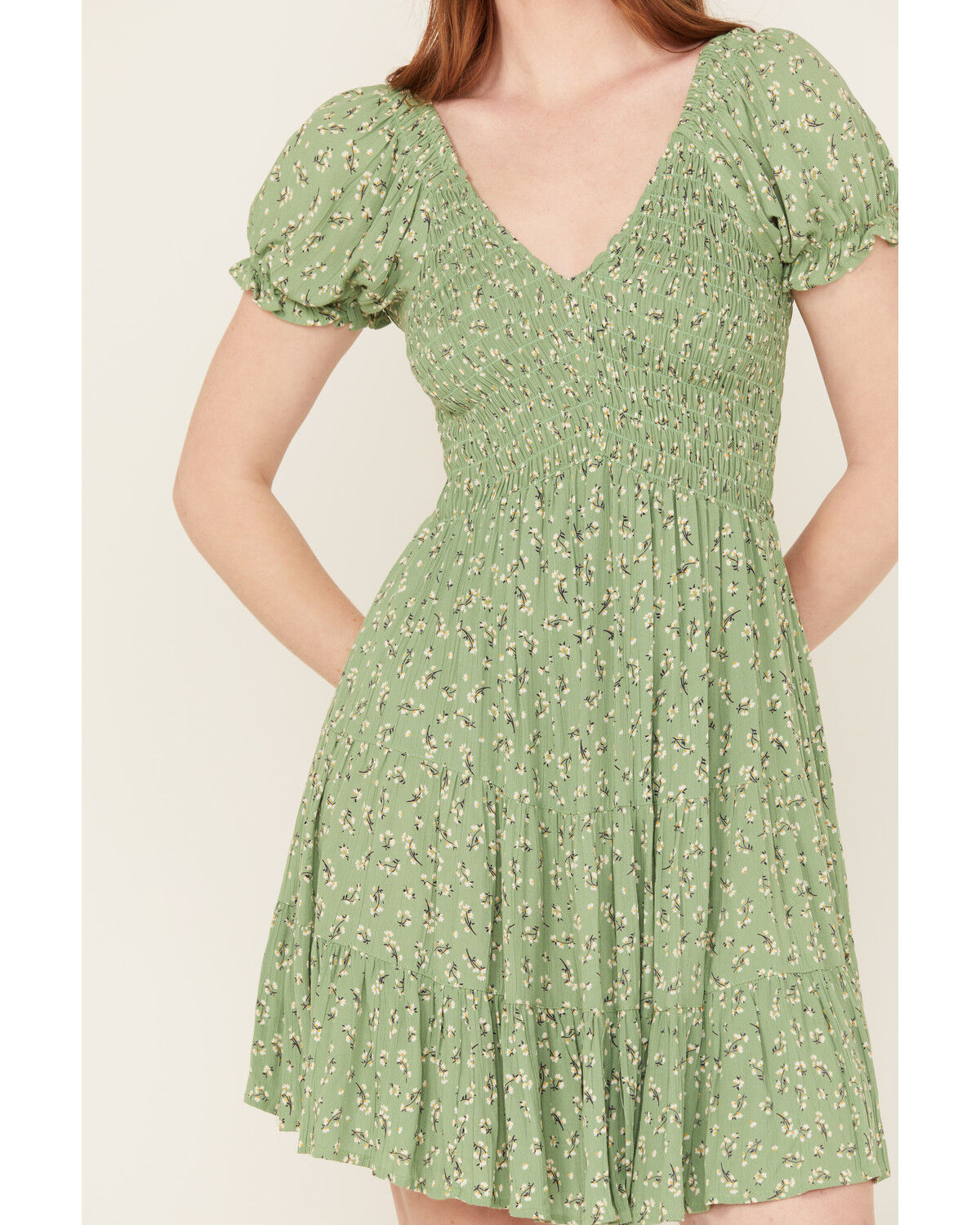 Image #3 - Angie Women's Floral Print Short Sleeve Mini Dress, Green, hi-res