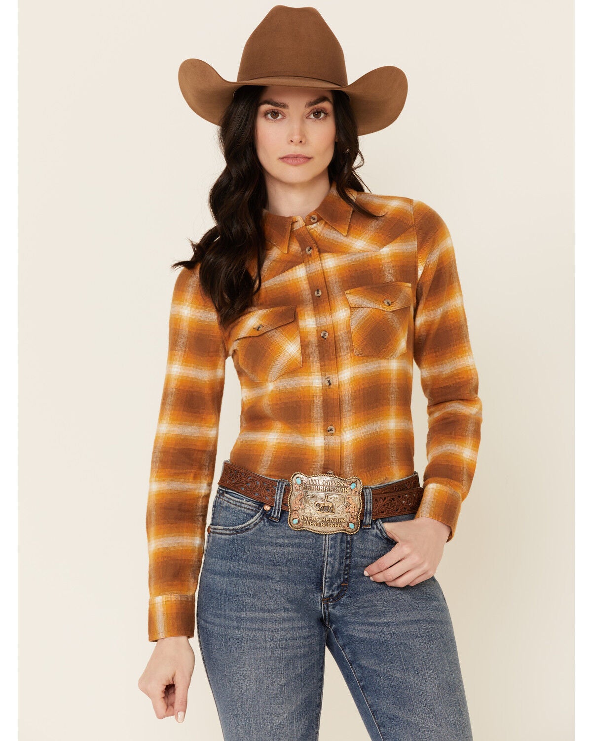 Shyanne Women's Gold Plaid Flannel Long 