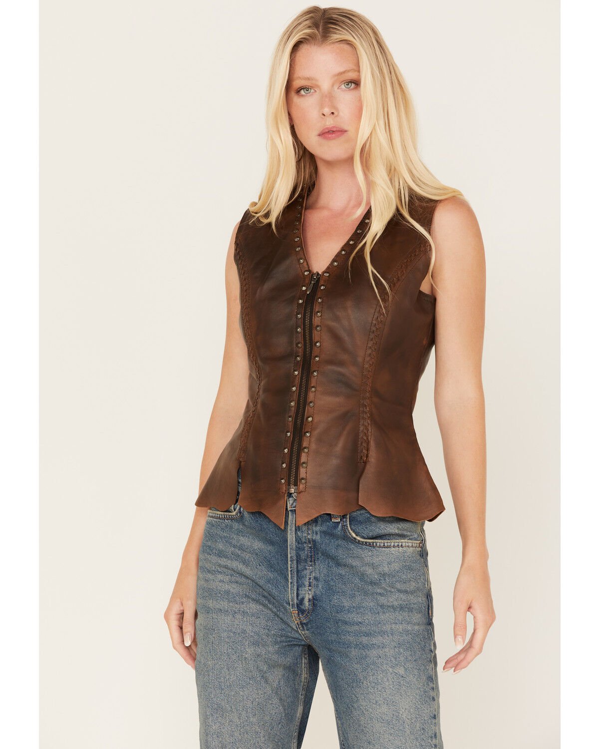 Image #2 - Cripple Creek Women's Antique Finish Stud Vest, Brown, hi-res