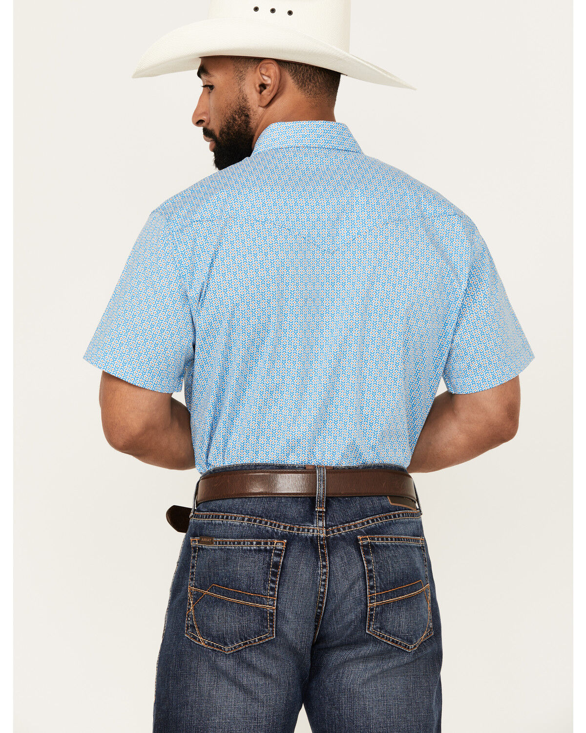 Image #4 - Rodeo Clothing Men's Boot Barn Exclusive Geo Print Short Sleeve Snap Western Shirt, Blue, hi-res