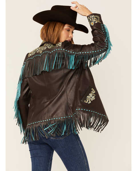 Image #2 - Scully Women's Brown & Turquoise Embroidered Yoke & Fringe Suede Leather Jacket, Brown, hi-res