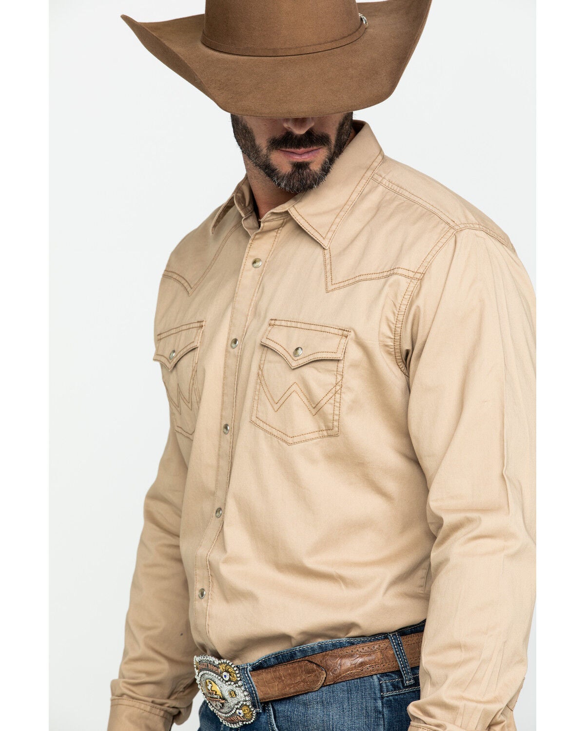 Image #3 - Wrangler Retro Men's Solid Long Sleeve Snap Western Shirt, Tan, hi-res
