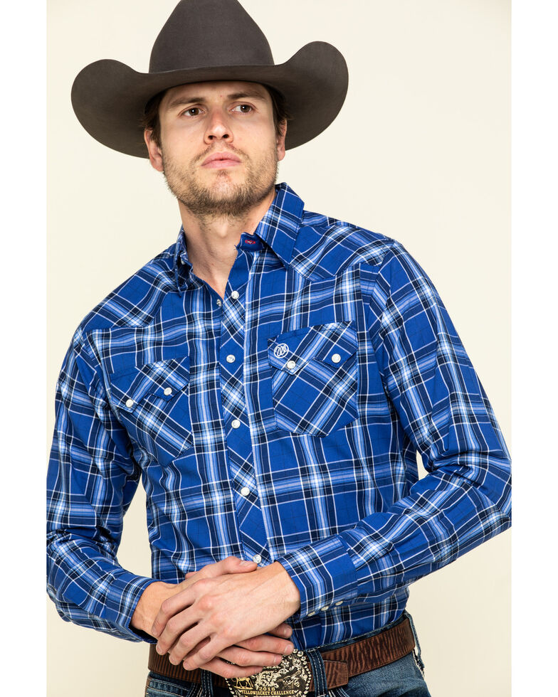 Wrangler Retro Men's Blue Plaid Long Sleeve Western Shirt , Blue, hi-res