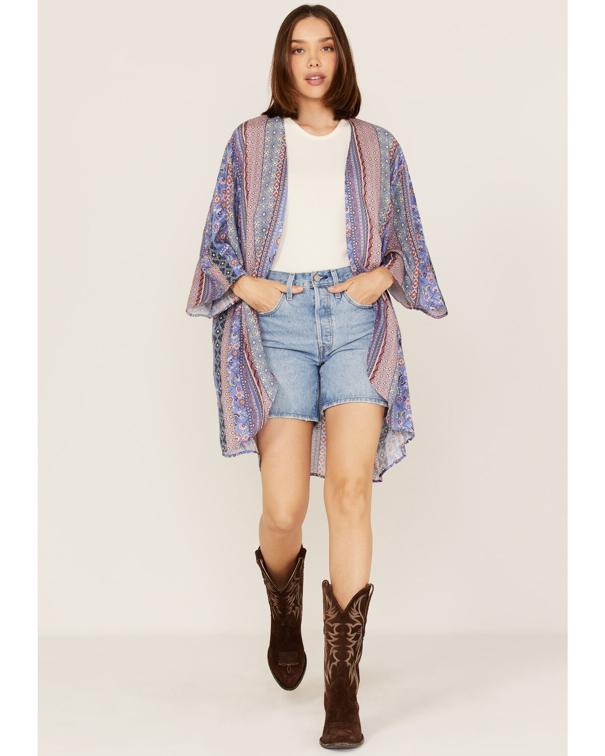 Image #2 - Cotton & Rye Women's Floral Border Print Kimono, Blue, hi-res