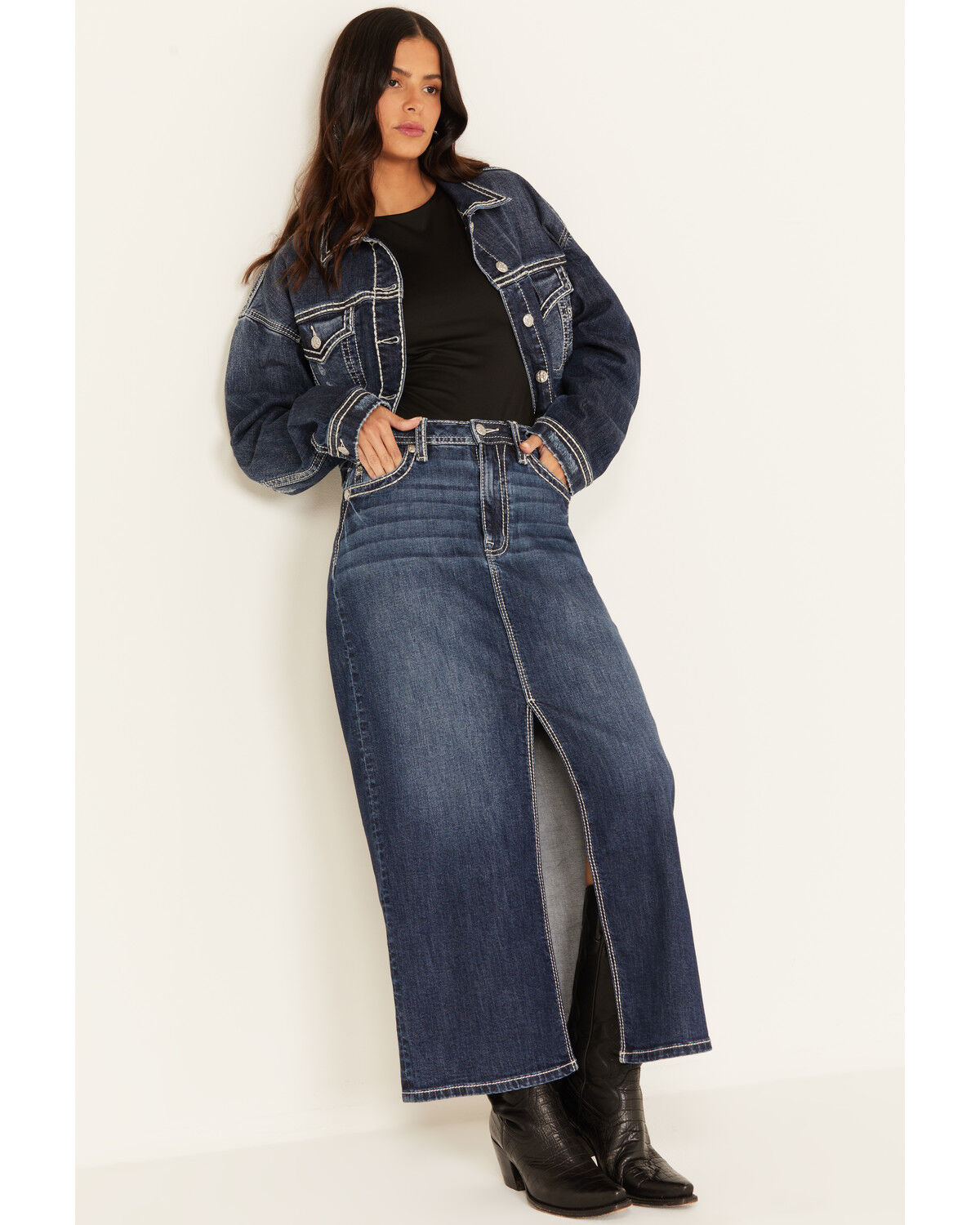 Image #1 - Miss Me Women's Dark Wash Cropped Denim Jacket, Dark Wash, hi-res
