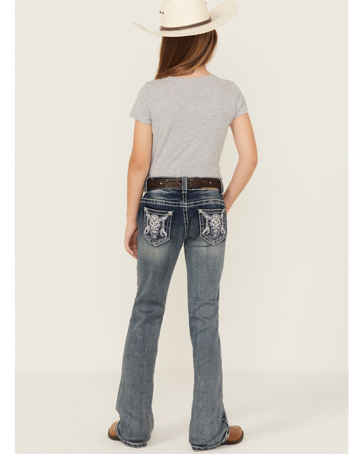 Shyanne Girls' Steerhead Embroidered Bootcut Stretch Denim Jeans, Blue, hi-res
