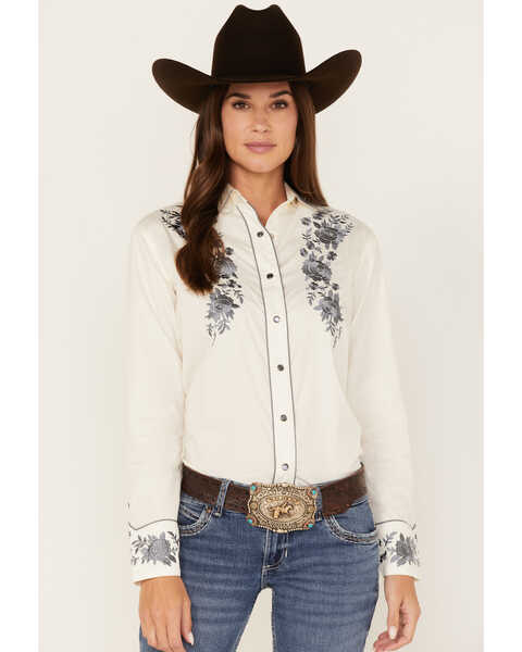 Image #1 - Rockmount Ranchwear Women's Cascading Embroidered Floral Print Long Sleeve Western Shirt, Ivory, hi-res