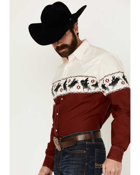 Image #2 - Roper Men's Vintage Bull Rider Border Print Long Sleeve Pearl Snap Western Shirt, Dark Red, hi-res