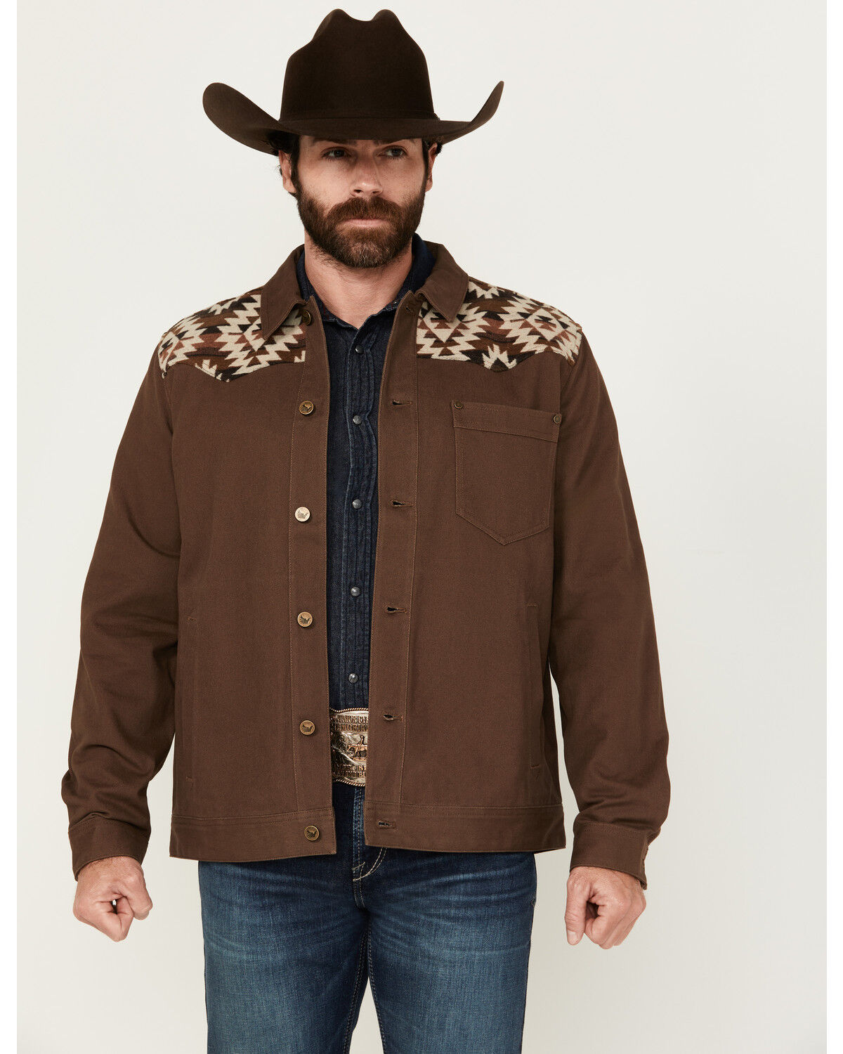 Image #1 - Cody James Men's Goldmine Southwestern Print Yoke Canvas Trucker Jacket, Brown, hi-res