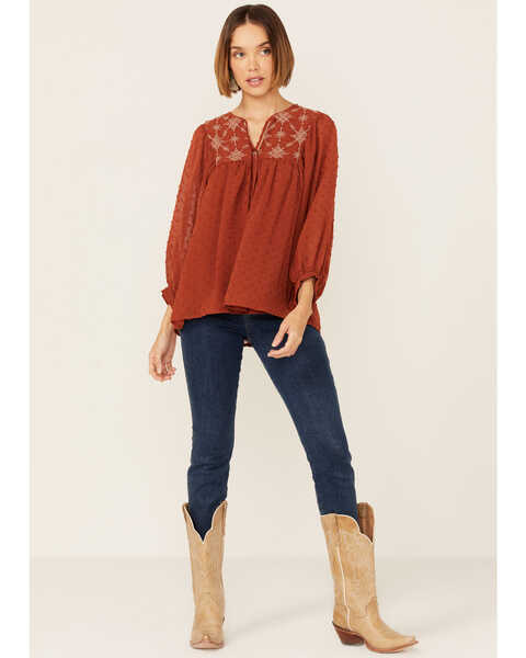 Image #4 - Flying Tomato Women's Embroidered Long Sleeve Peasant Top, Rust Copper, hi-res