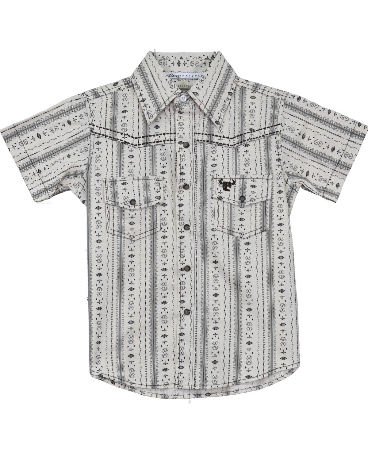 Cowboy Hardware Boys' Southwestern Striped Print Short Sleeve Snap Stretch Western Shirt, Brown, hi-res