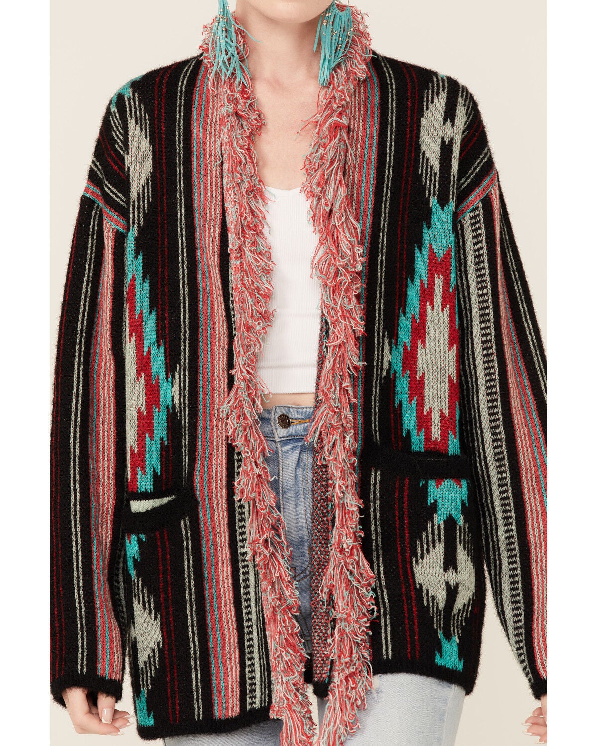 Rock \u0026 Roll Denim Women's Southwestern Fringe Cardigan Sweater