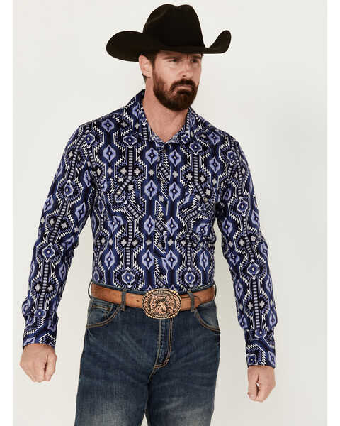 Rock & Roll Denim Men's Southwestern Print Long Sleeve Pearl Snap Stretch Western Shirt , Dark Blue, hi-res