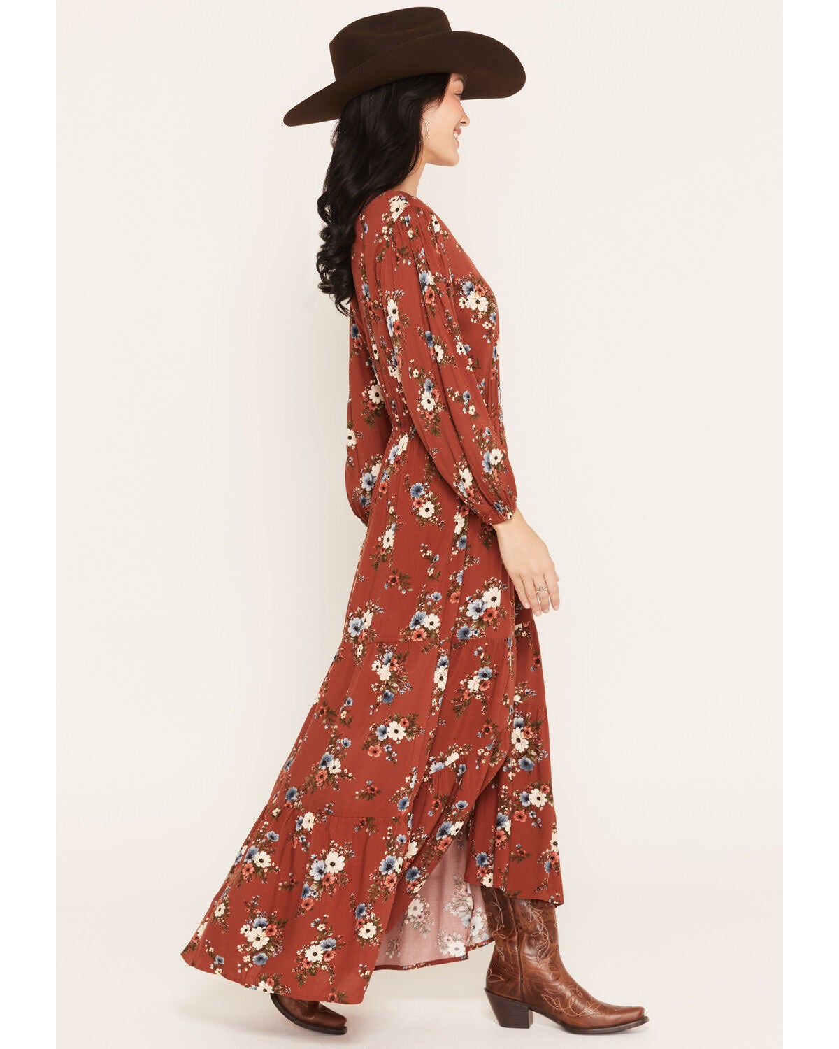 Image #2 - Cotton & Rye Women's Boot Barn Exclusive Floral Print Button-Front High-Low Midi Dress, Brown, hi-res