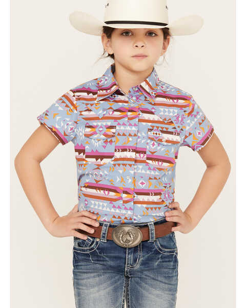 Shyanne Girls' Southwestern Print Short Sleeve Western Pearl Snap Shirt, Blue, hi-res