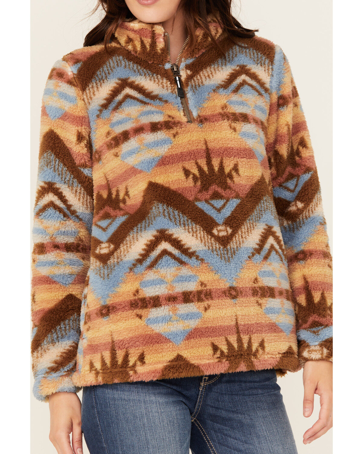 Image #3 - Roper Women's Southwestern Print Sherpa 1/4 Zip Pullover, Beige, hi-res