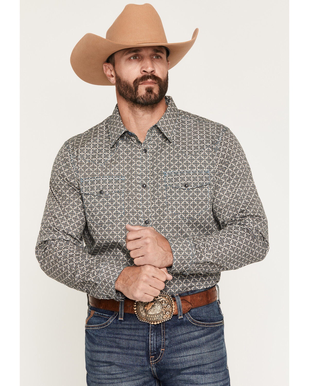 Image #1 - Gibson Trading Co Men's YeeHaw Medallion Print Long Sleeve Snap Western Shirt, Blue, hi-res