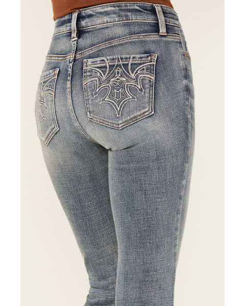 Image #2 - Shyanne Women's Medium Wash Aria Novelty Back Pocket Mid Rise Bootcut Stretch Denim Jeans , Medium Wash, hi-res