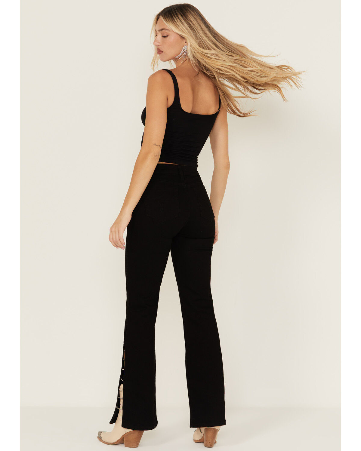 Image #3 - Shyanne Women's Joni High Rise Rhinestone Slit Trouser Comfort Stretch Denim Jeans, Black, hi-res