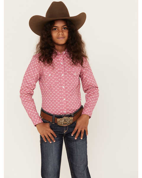 Panhandle Girls' Horse Print Long Sleeve Snap Western Shirt, Pink, hi-res