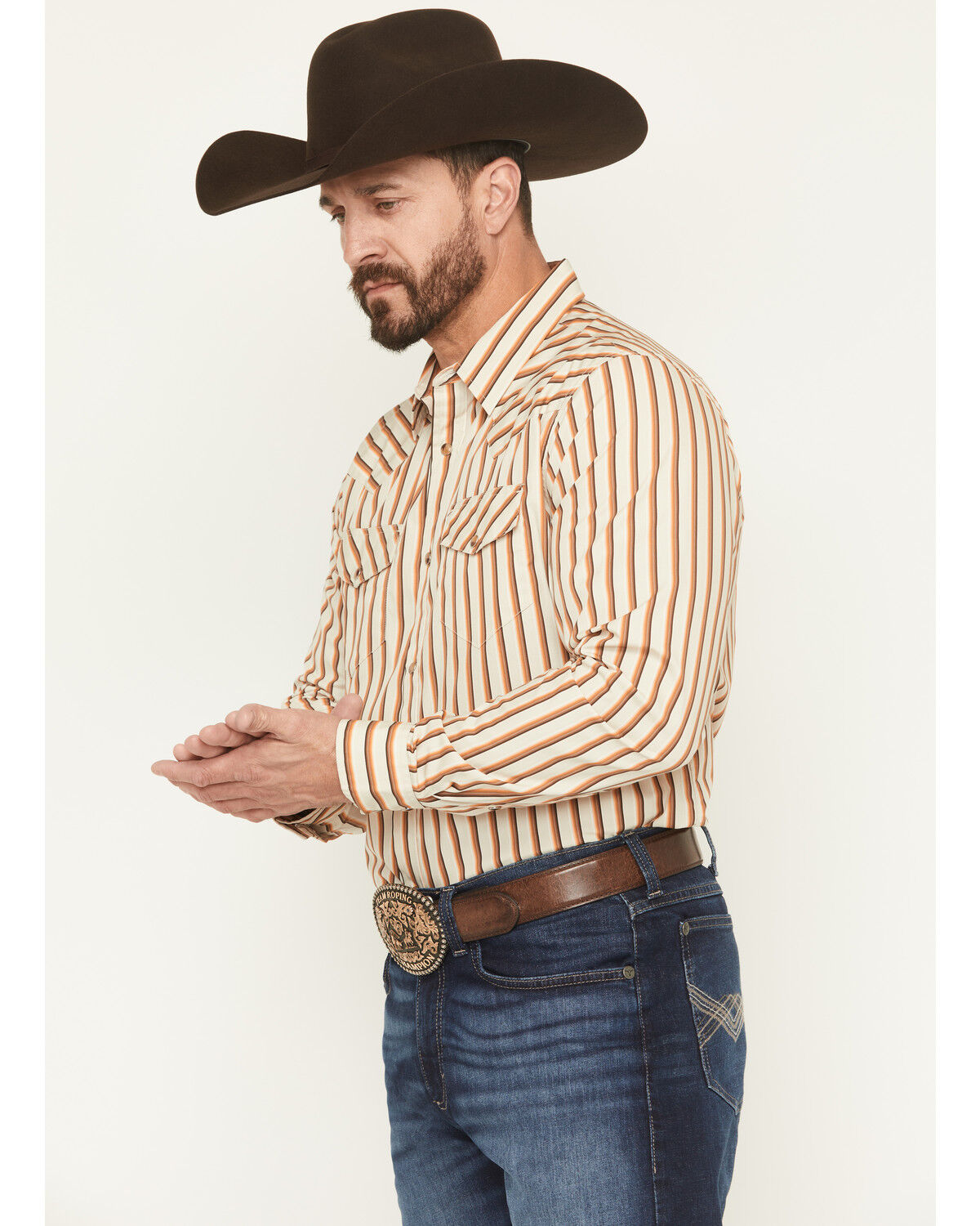 Image #2 - Gibson Trading Co Men's Sand Trap Striped Long Sleeve Snap Western Shirt - Big, Tan, hi-res