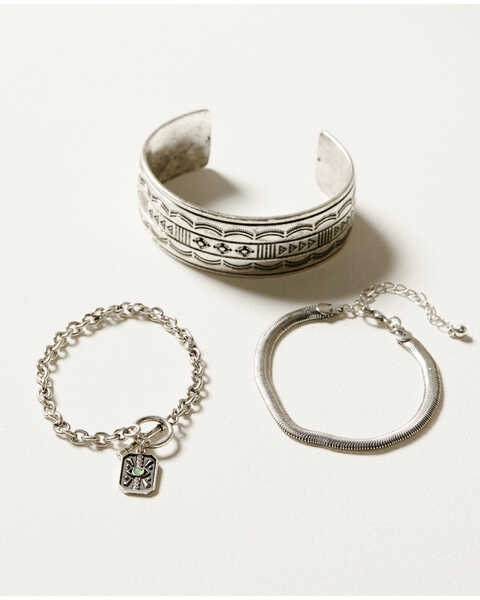 Shyanne Women's 3-Piece Silver Wide Cuff Chain & Evil Eye Charm Bracelet Set, Silver, hi-res
