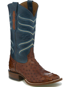 Tony Lama Men's Brown/Blue Full Quill Ostrich Cowboy Boots - Square Toe, Brown, hi-res