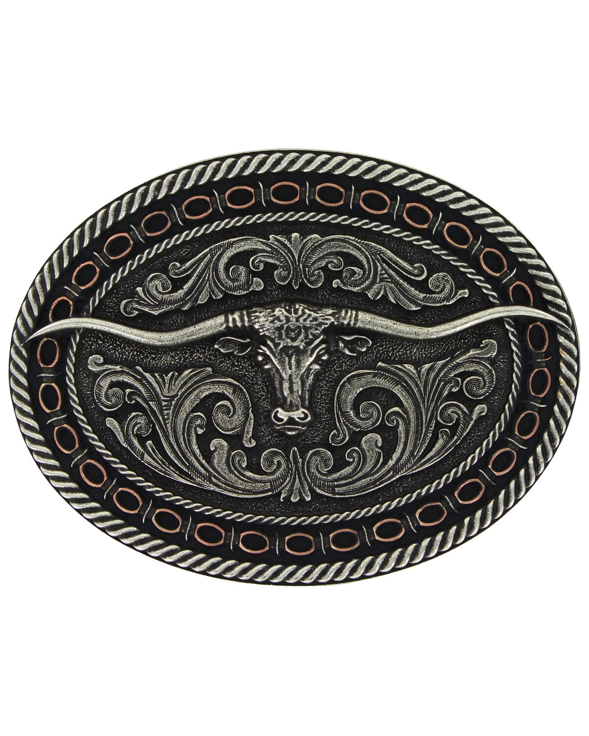 Image #1 - Montana Silversmiths Two Tone Antiqued Round Barbed Longhorn Attitude Buckle, Silver, hi-res