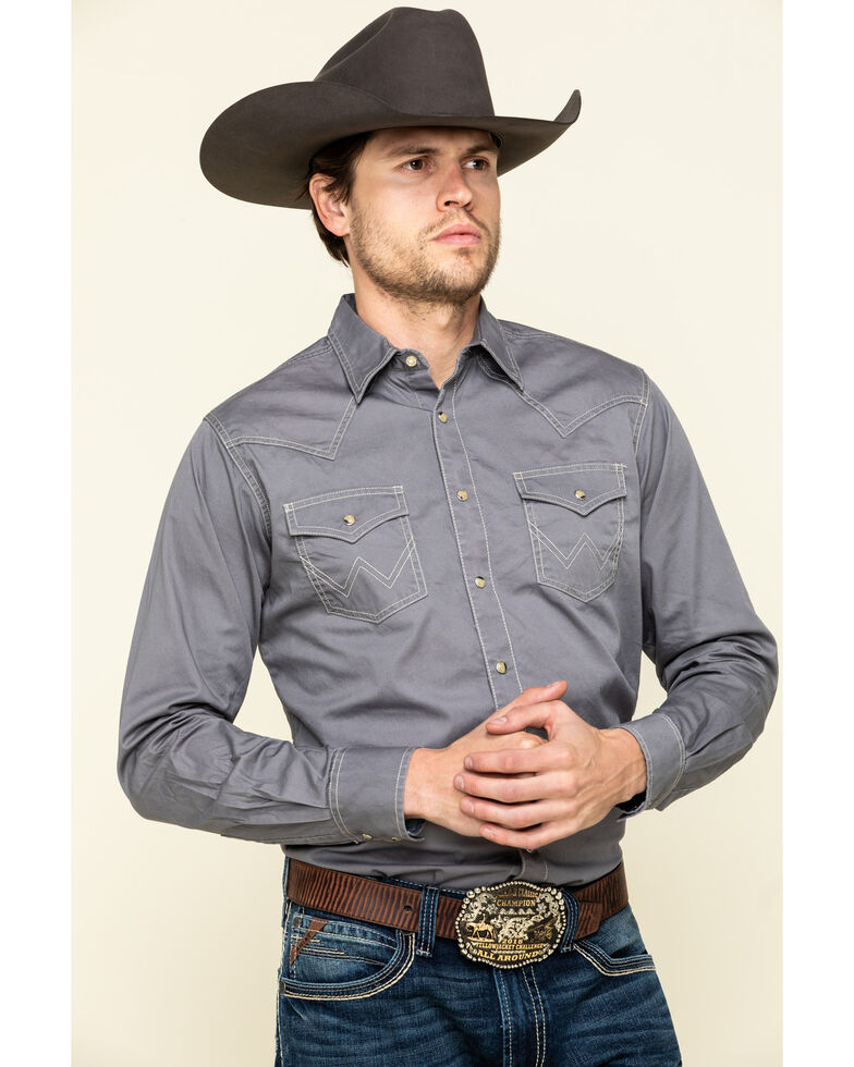 Wrangler Retro Men's Premium Grey Solid Long Sleeve Western Shirt , Grey, hi-res