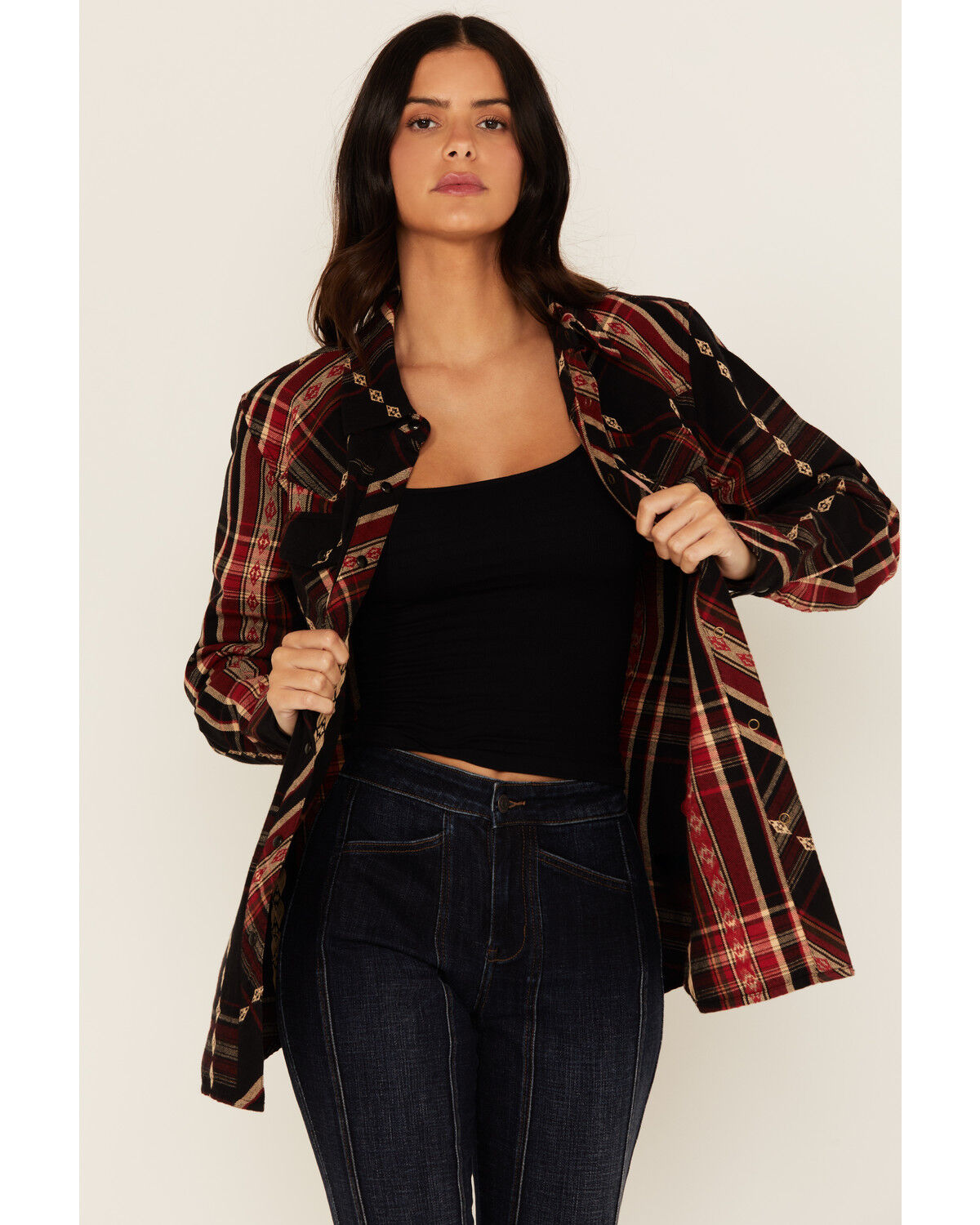 Image #1 - Idyllwind Women's Glenmond Dobby Plaid Print Long Sleeve Snap Flannel Shirt, Black, hi-res