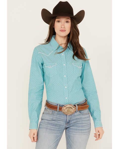 Image #1 - Rough Stock by Panhandle Women's Dobby Striped Long Sleeve Pearl Snap Western Shirt, Turquoise, hi-res