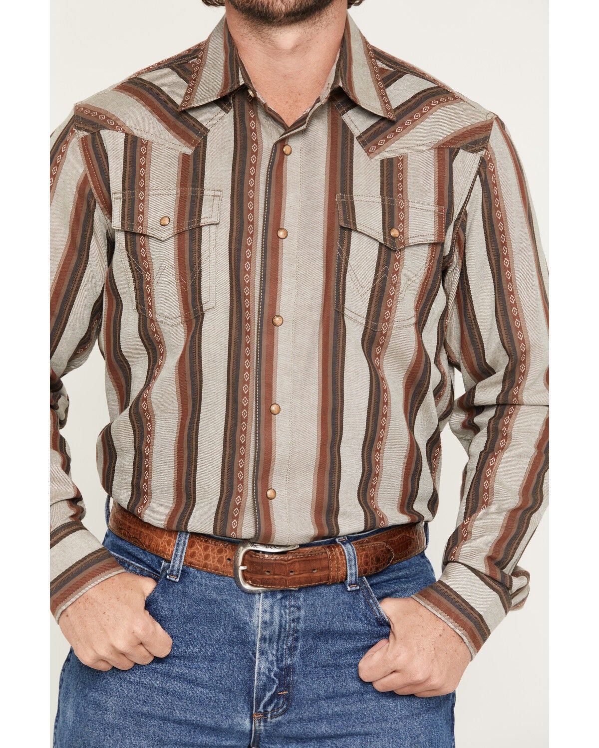 Image #3 - Wrangler Retro Men's Striped Print Long Sleeve Snap Western Shirt, Rust Copper, hi-res