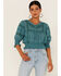 Image #1 - Patrons of Peace Women's Woven Lace Smocked Bottom Blouse, Blue, hi-res