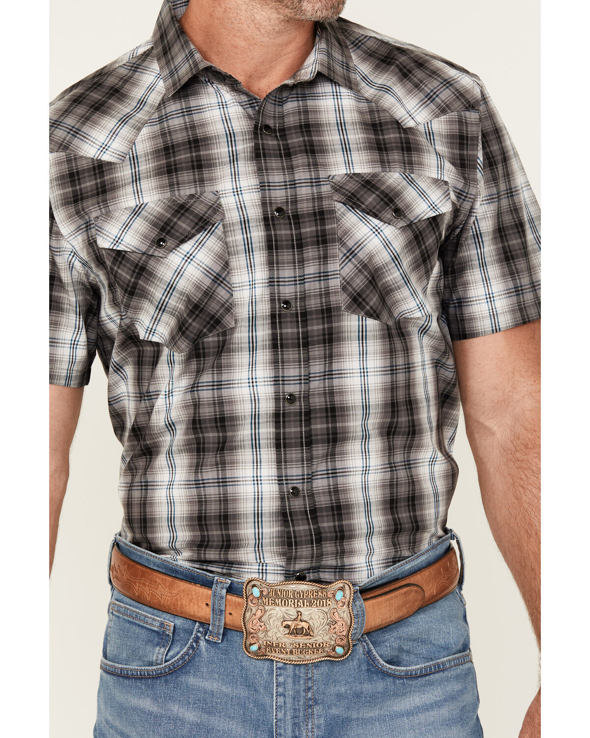 Image #3 - Pendleton Men's Boot Barn Exclusive Frontier Plaid Print Short Sleeve Snap Western Shirt, Grey, hi-res