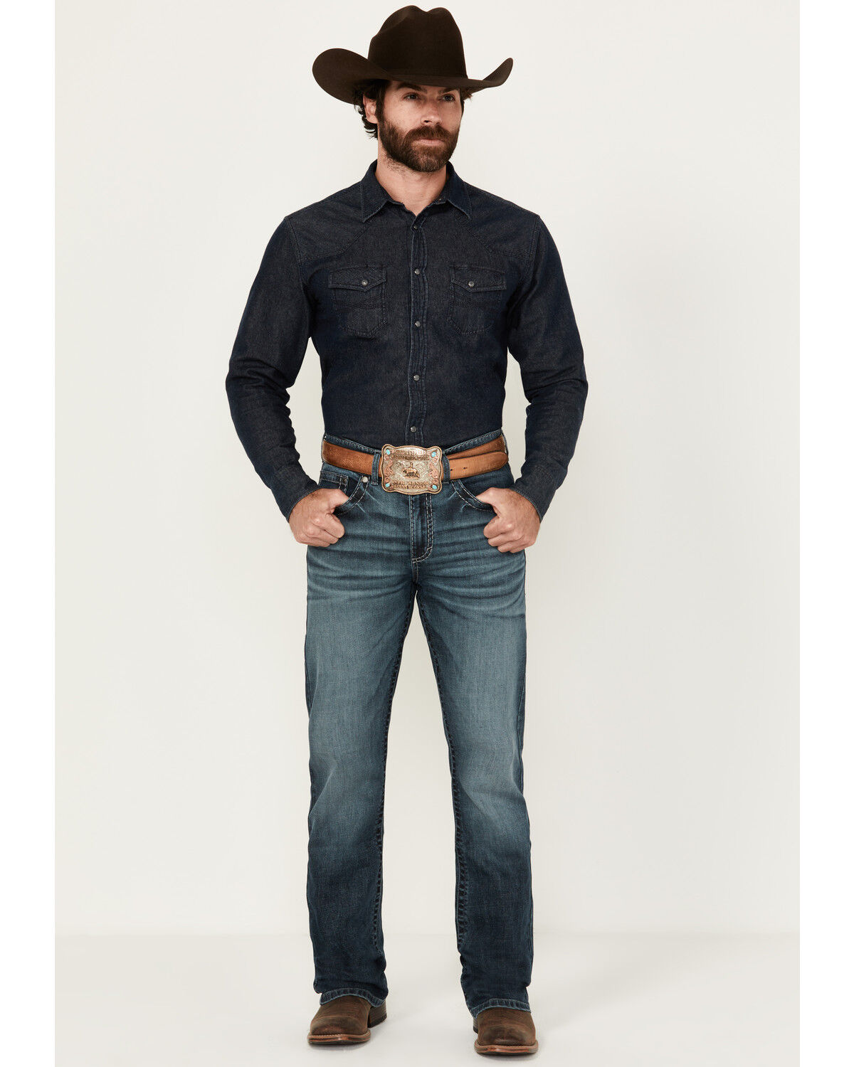 Image #1 - Rock 47 by Wrangler Men's Lander Dark Wash Slim Bootcut Stretch Denim Jeans, Light Wash, hi-res