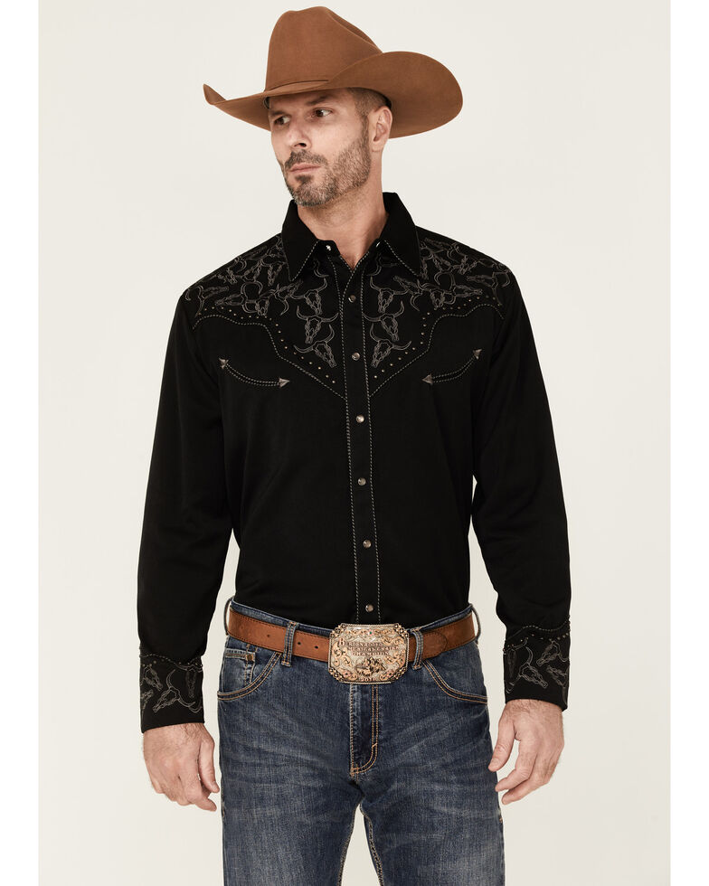 Scully Men's Longhorn Embroidered Studded Black Long Sleeve Snap Western Shirt , Black, hi-res