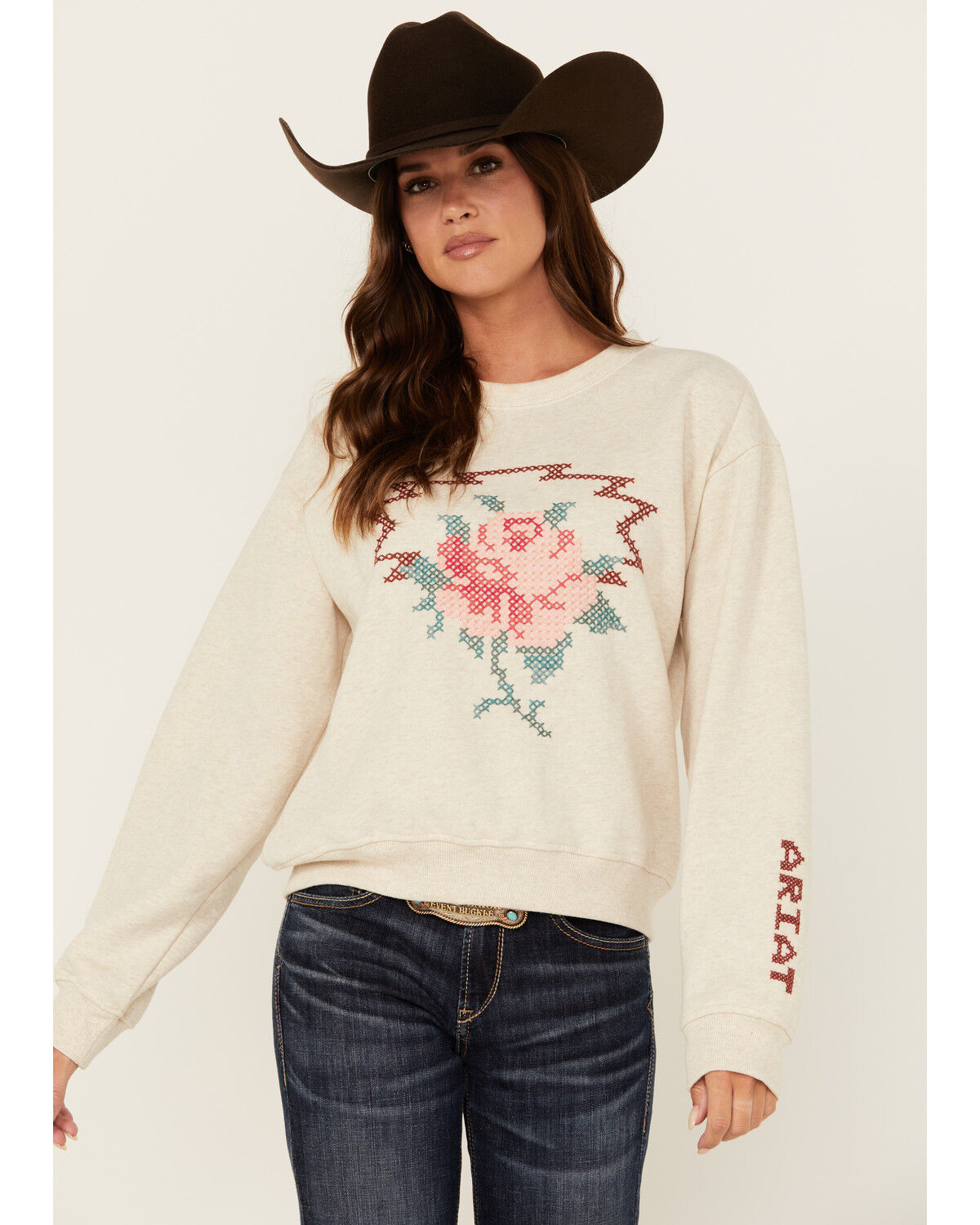 Image #1 - Ariat Women's Rose Embroidered Sweater, Oatmeal, hi-res