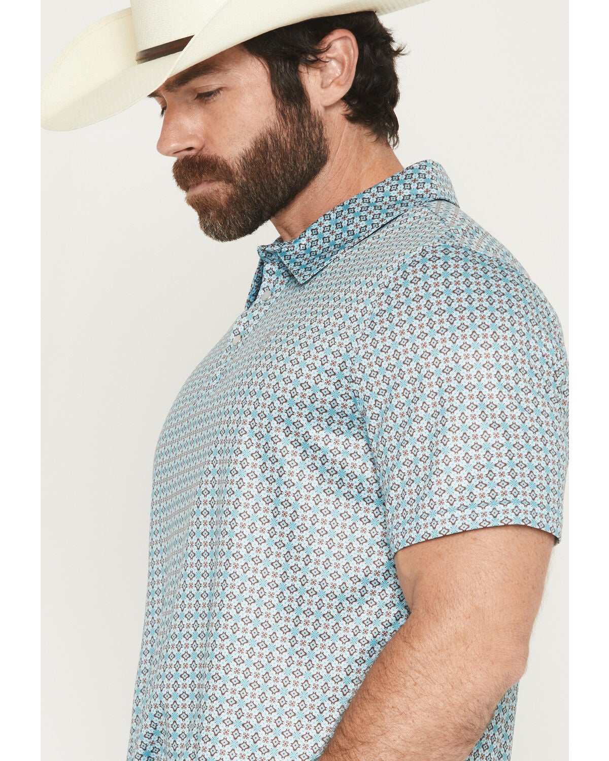 Image #2 - Panhandle Slim Men's Medallion Print Short Sleeve Snap Performance Polo Shirt, Turquoise, hi-res