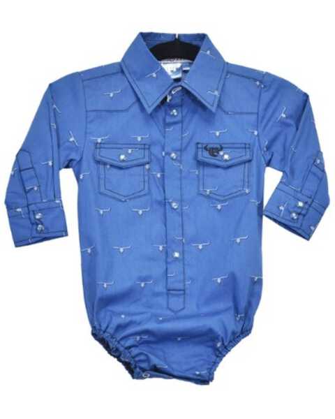 Cowboy Hardware Infant Boys' Steerhead Print Long Sleeve Snap Onesie , Blue, hi-res
